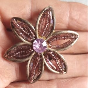 Vtg,Unique, Gold flower with pink Rhinestone center and beaded work in Petals,